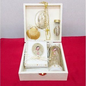 Set de Vela En Caja de Madera Virgen Maria Biblia - Christening Candle Set Wood